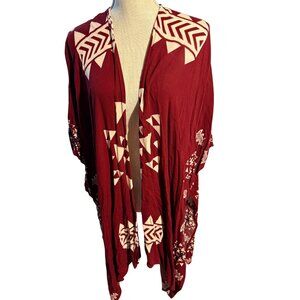 J for Justify Burgundy Tribal Print Kimono Cardigan Boho Open Front OS
